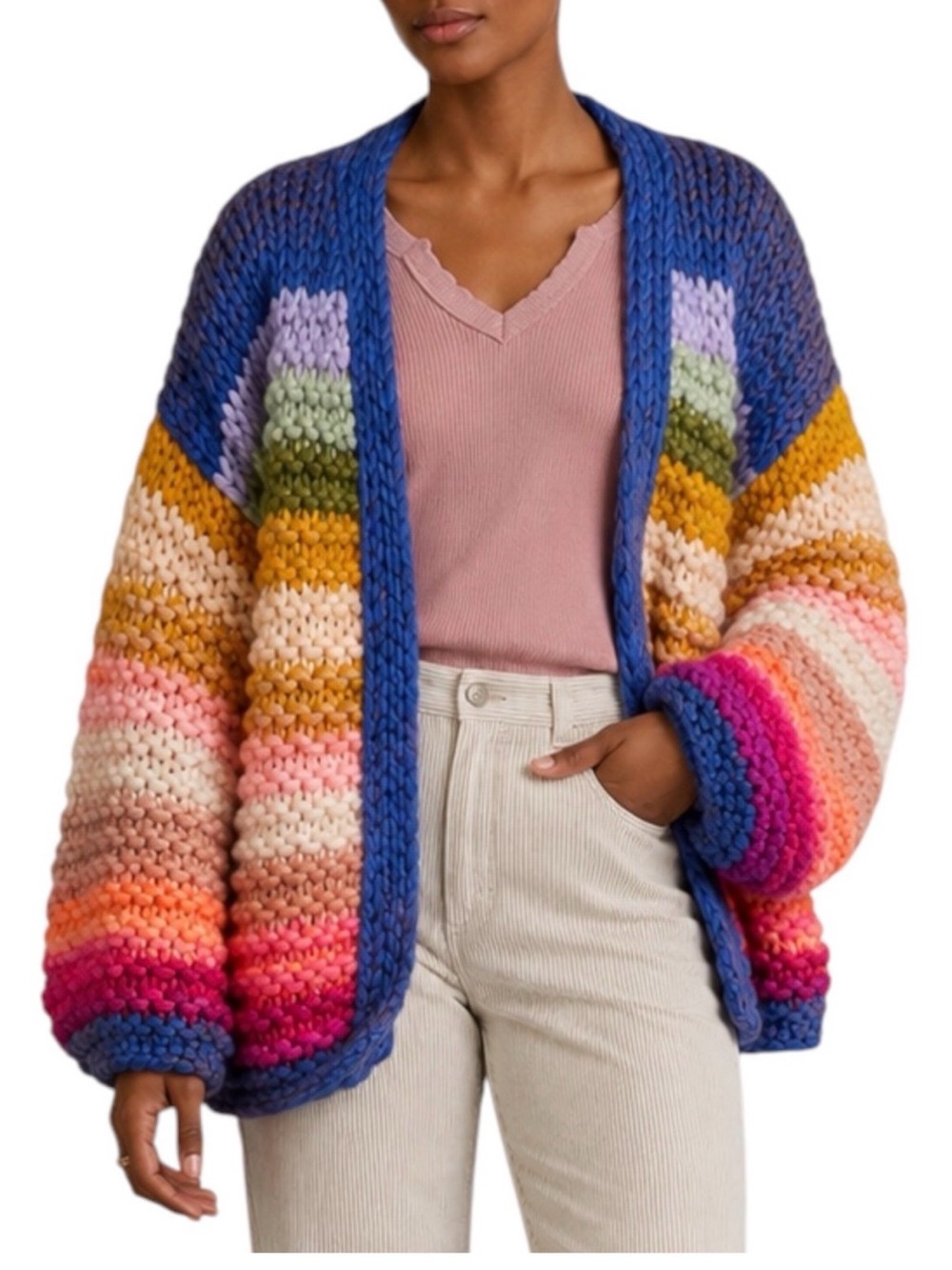 SAACHI Multicolor Chunky Stripe Open-Front Cardigan with Blue Trim